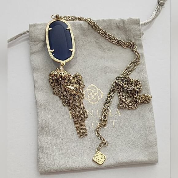 Kendra Scott Rayne Gold Tone Tassel Pendant Necklace Adjustable Blue Navy Stone - Picture 1 of 8